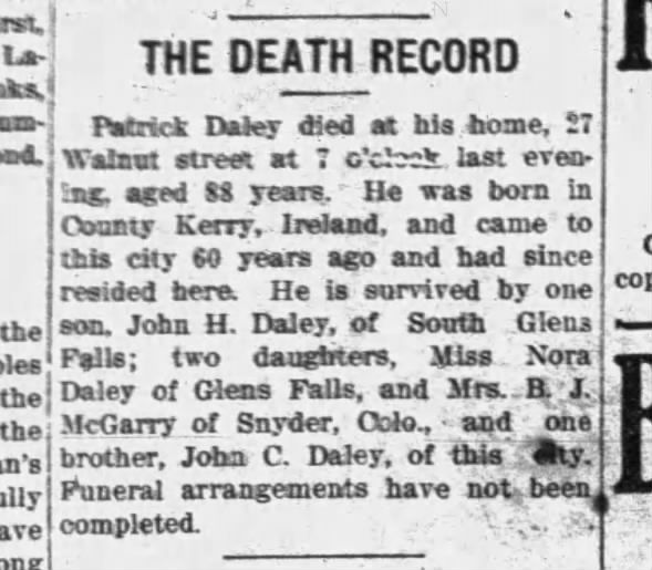 Patrick Daley Dies Dec 31 1912